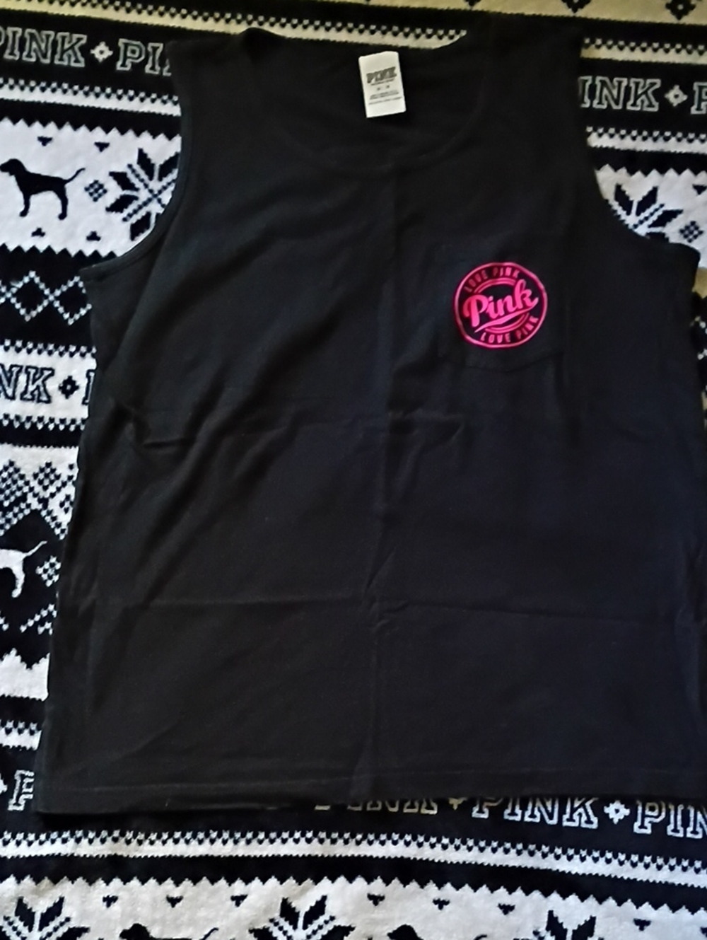 PINK Victoria's Secret Black Tank Top with Hot Pink Logo Size M/M